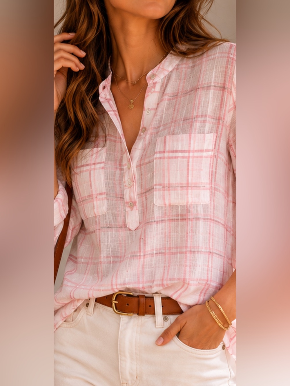 Carve Designs Organic Cotton Plaid Blouse Womens M Pink White Roll Tab Top
